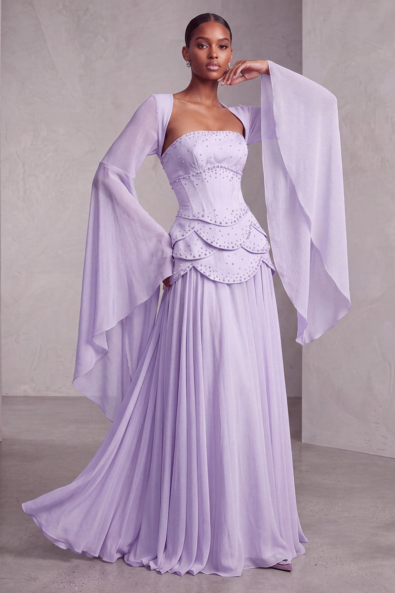 Load image into Gallery viewer, Blush Ruffled Beaded A Line Corset Long Sleeves Prom Dress