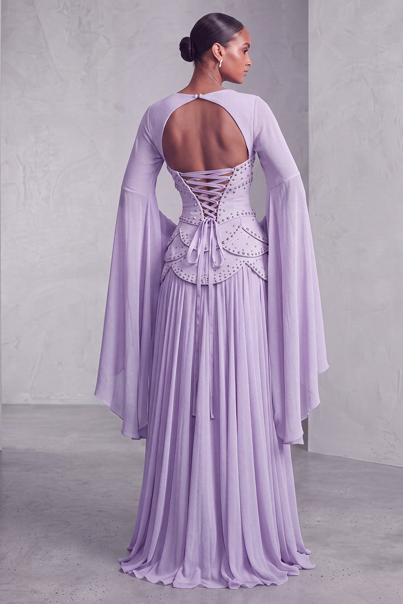 Load image into Gallery viewer, Blush Ruffled Beaded A Line Corset Long Sleeves Prom Dress