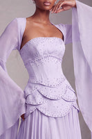 Load image into Gallery viewer, Blush Ruffled Beaded A Line Corset Long Sleeves Prom Dress