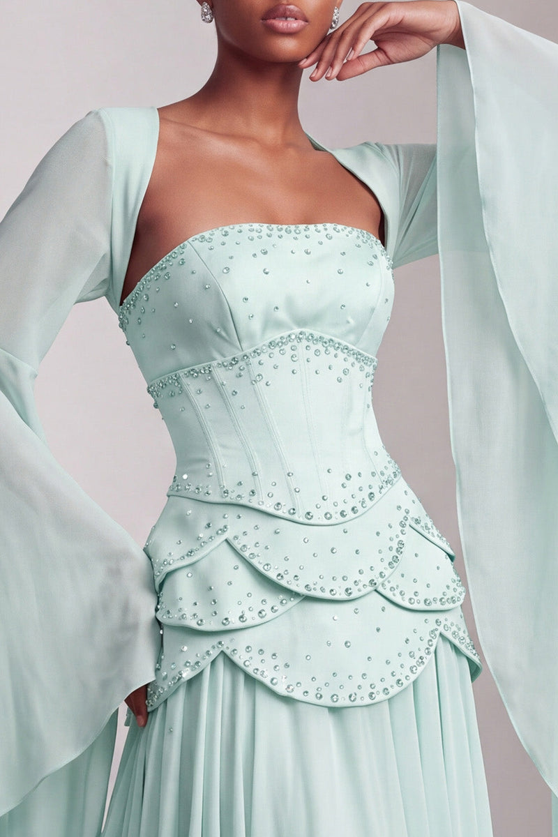 Load image into Gallery viewer, Blush Ruffled Beaded A Line Corset Long Sleeves Prom Dress