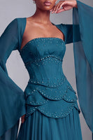 Load image into Gallery viewer, Blush Ruffled Beaded A Line Corset Long Sleeves Prom Dress