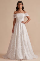 Load image into Gallery viewer, Sparkly White Floral A-Line Beaded Long Wedding Dress