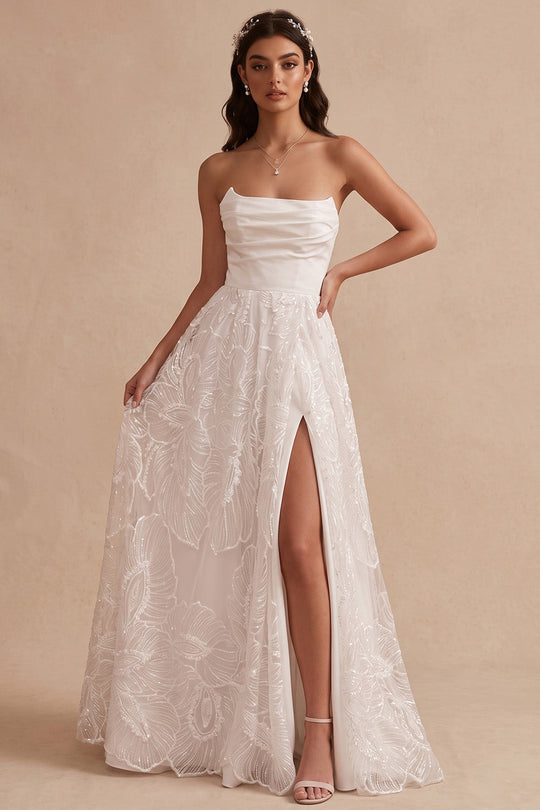 White Floral A-Line Strapless Ruched Long Wedding Dress with Slit