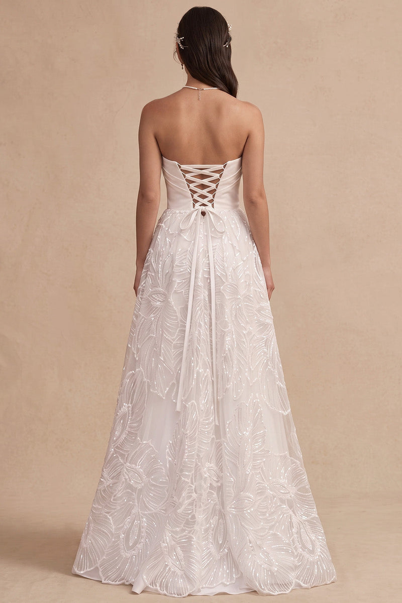 Load image into Gallery viewer, White Floral A-Line Strapless Ruched Long Wedding Dress with Slit