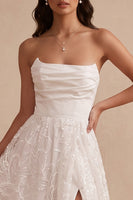 Load image into Gallery viewer, White Floral A-Line Strapless Ruched Long Wedding Dress with Slit