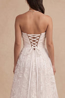 Load image into Gallery viewer, White Floral A-Line Strapless Ruched Long Wedding Dress with Slit