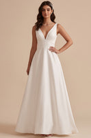 Load image into Gallery viewer, Simple White A-Line V-Neck Ruched Long Wedding Dress