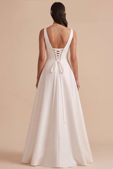 Simple White A-Line V-Neck Ruched Long Wedding Dress