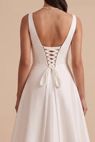 Load image into Gallery viewer, Simple White A-Line V-Neck Ruched Long Wedding Dress