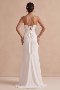White Corset Strapless Ruched Sweep Train Wedding Dress with Slit