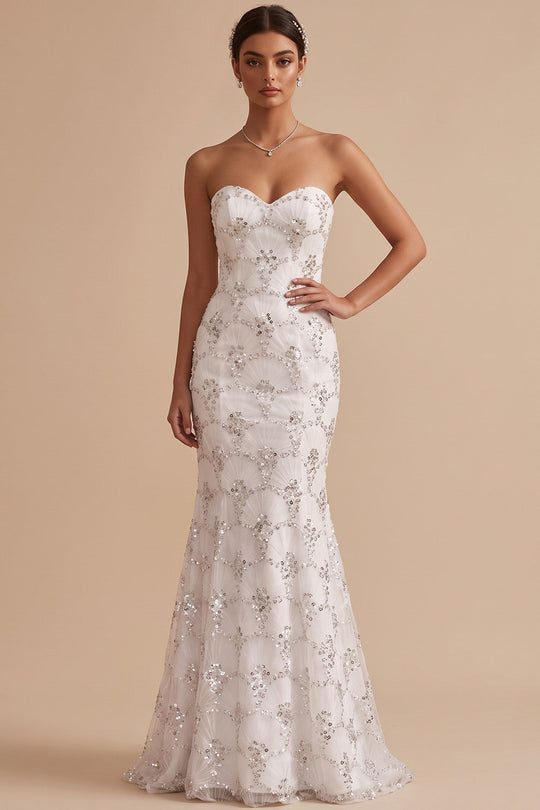 Sparkly White Mermaid Sweetheart Sequins Long Wedding Dress