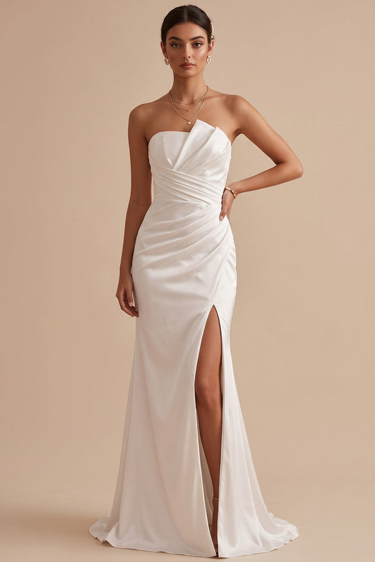 White Satin Mermaid Ruched Sweep Train Wedding Dress with Slit