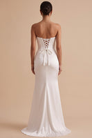 Load image into Gallery viewer, White Satin Mermaid Ruched Sweep Train Wedding Dress with Slit
