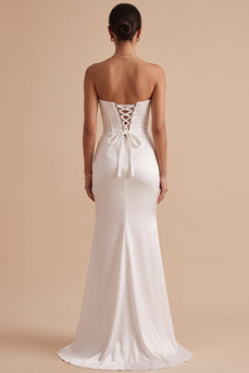 White Satin Mermaid Ruched Sweep Train Wedding Dress with Slit