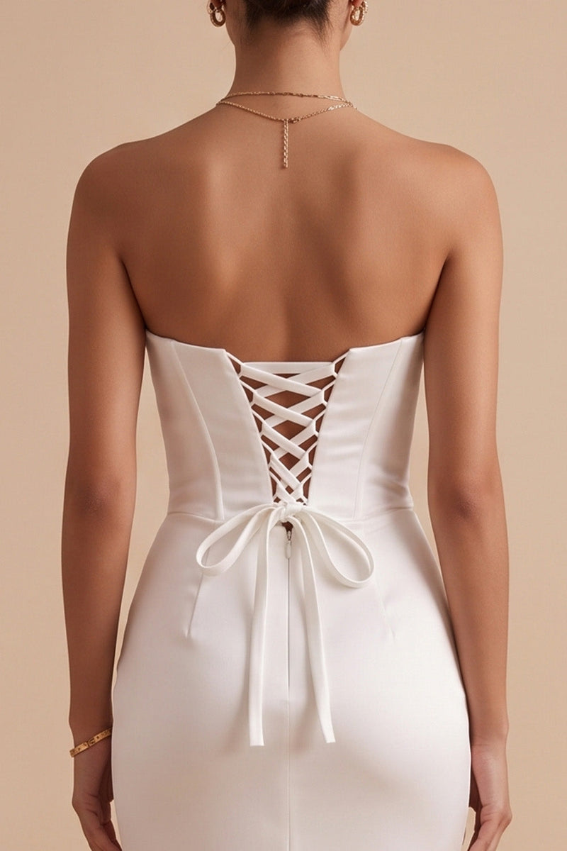 Load image into Gallery viewer, White Satin Mermaid Ruched Sweep Train Wedding Dress with Slit