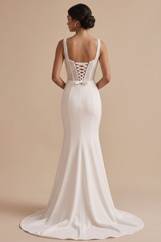 Sparkly Corset White Mermaid Beaded Square Neck Sweep Train Wedding Dress