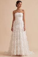 Load image into Gallery viewer, White A-Line Strapless Feathered Sweep Train Wedding Dress