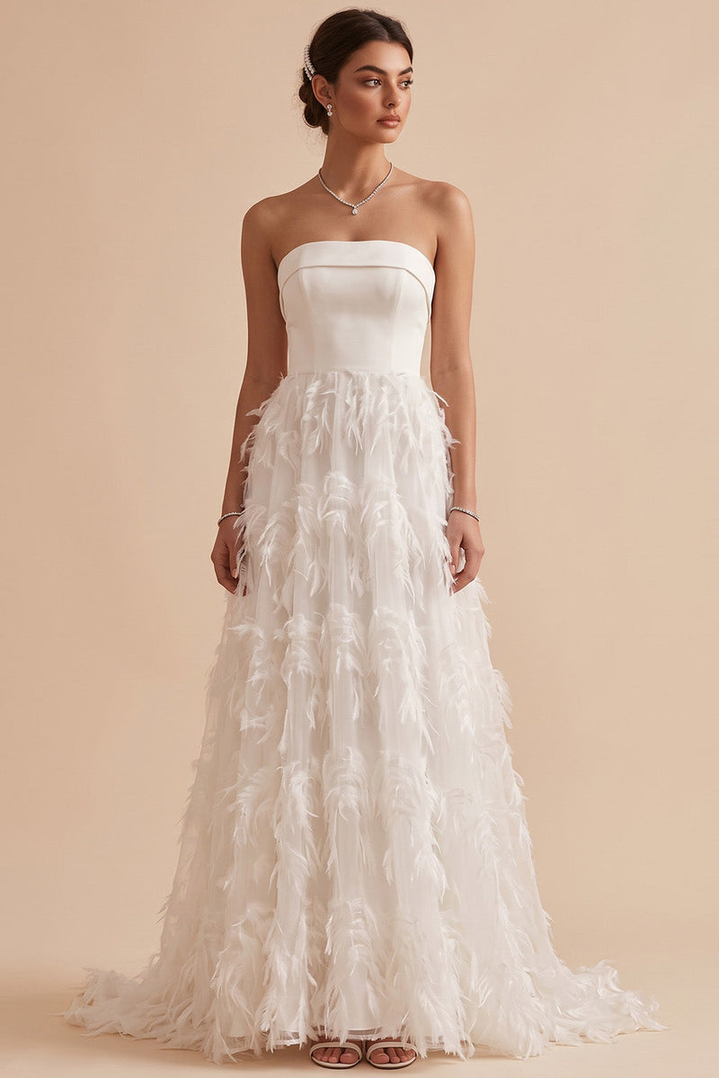 Load image into Gallery viewer, White A-Line Strapless Feathered Sweep Train Wedding Dress