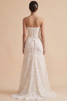 Load image into Gallery viewer, White A-Line Strapless Feathered Sweep Train Wedding Dress