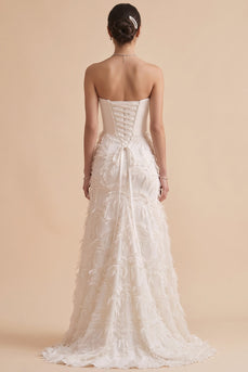 White A-Line Strapless Feathered Sweep Train Wedding Dress