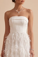 Load image into Gallery viewer, White A-Line Strapless Feathered Sweep Train Wedding Dress