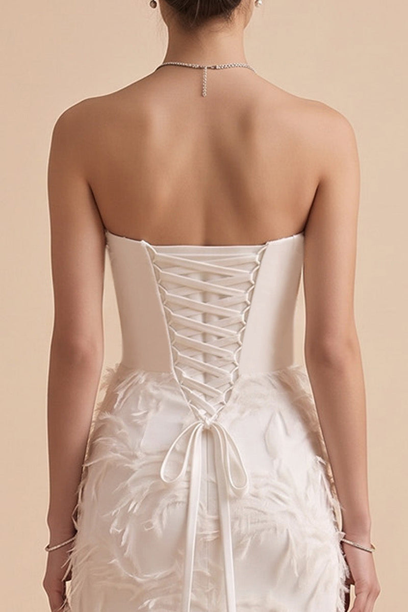 Load image into Gallery viewer, White A-Line Strapless Feathered Sweep Train Wedding Dress