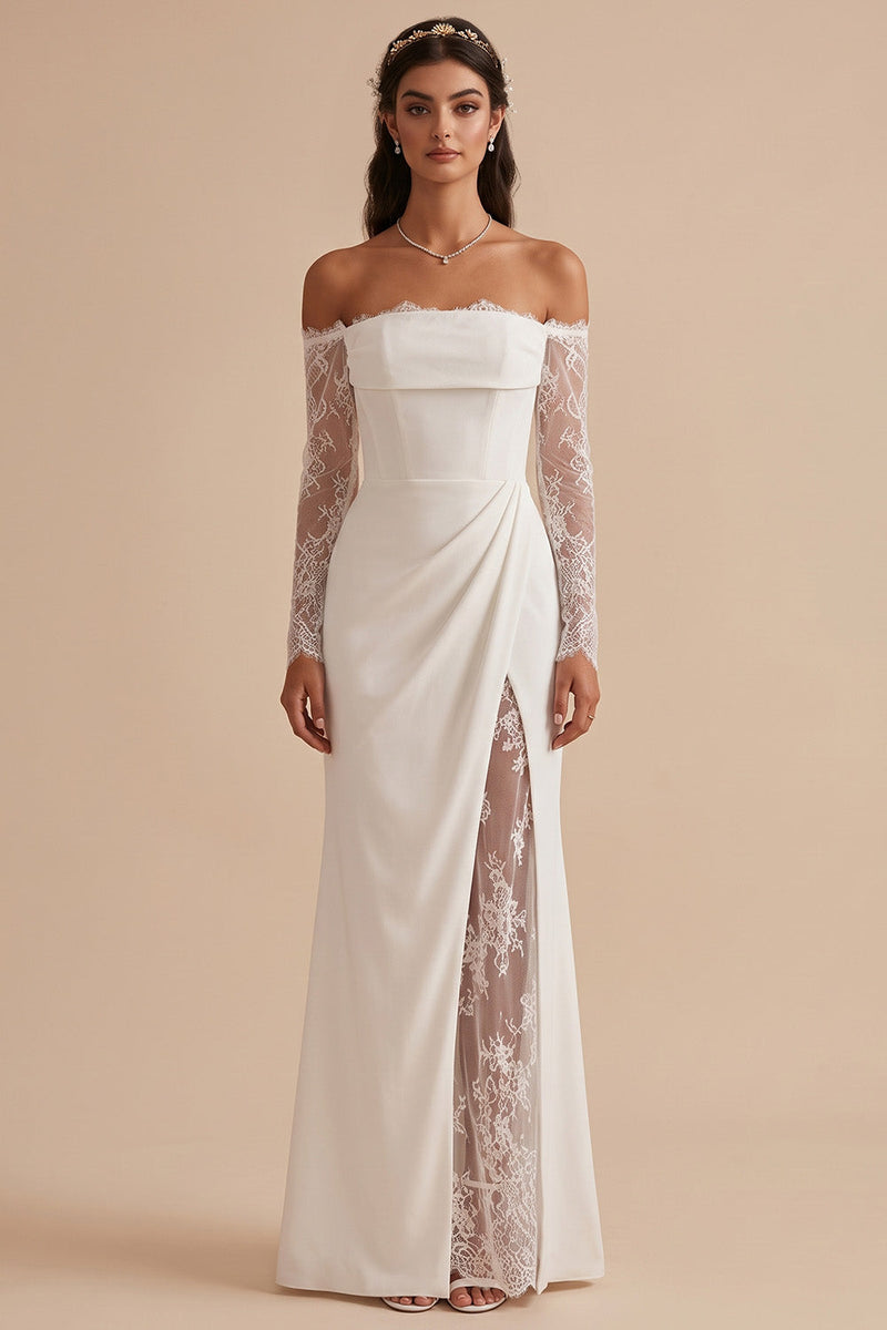 Load image into Gallery viewer, White Mermaid Corset Ruched Long Wedding Dress with Lace