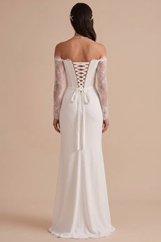 White Mermaid Corset Ruched Long Wedding Dress with Lace