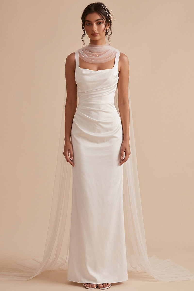 Load image into Gallery viewer, White Satin Mermaid Square Neck Ruched Long Wedding Dress with Neck Scarf