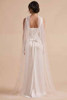 White Satin Mermaid Square Neck Ruched Long Wedding Dress with Neck Scarf