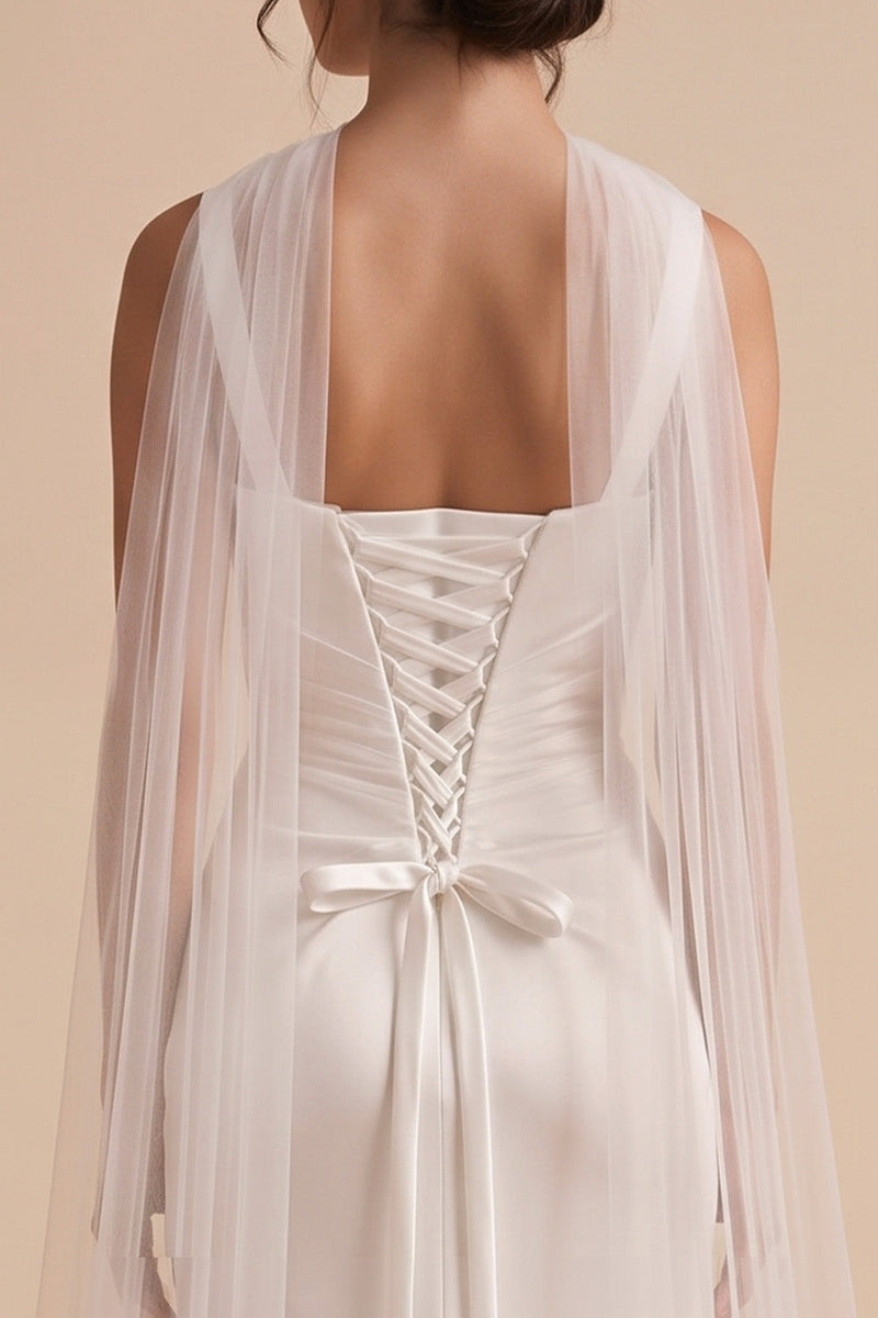 Load image into Gallery viewer, White Satin Mermaid Square Neck Ruched Long Wedding Dress with Neck Scarf