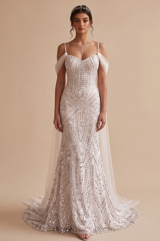 Sparkly White Mermaid Beaded Cold Shoulder Sweep Train Wedding Dress with Sequins