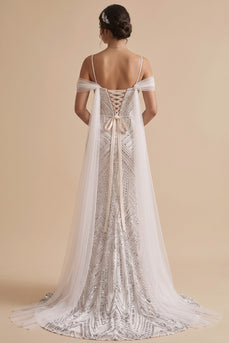 Sparkly White Mermaid Beaded Cold Shoulder Sweep Train Wedding Dress with Sequins