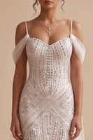 Load image into Gallery viewer, Sparkly White Mermaid Beaded Cold Shoulder Sweep Train Wedding Dress with Sequins