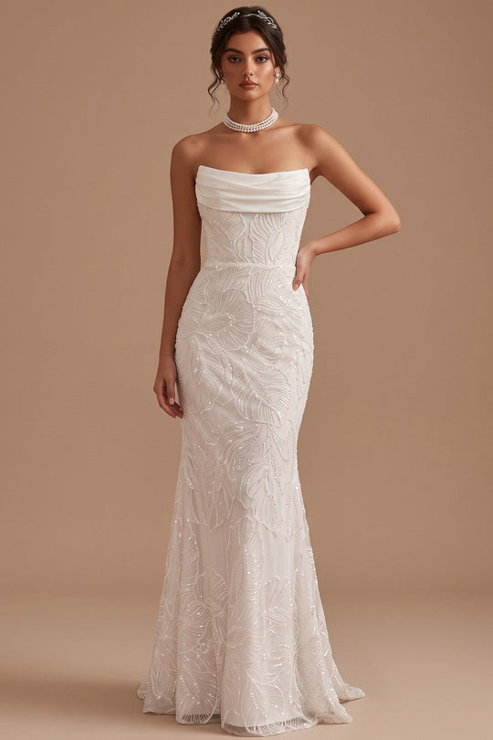 Sparkly Floral White Mermaid Strapless Sequins Ruched Sweep Train Wedding Dress