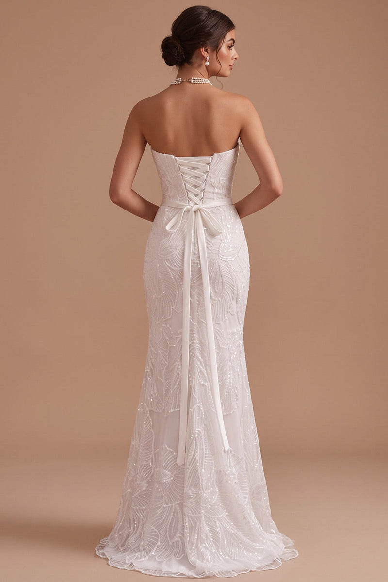 Load image into Gallery viewer, Sparkly Floral White Mermaid Strapless Sequins Ruched Sweep Train Wedding Dress