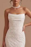 Load image into Gallery viewer, Sparkly Floral White Mermaid Strapless Sequins Ruched Sweep Train Wedding Dress