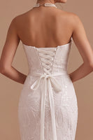 Load image into Gallery viewer, Sparkly Floral White Mermaid Strapless Sequins Ruched Sweep Train Wedding Dress