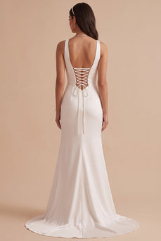 Simple White Satin V-Neck Ruched Sweep Train Wedding Dress with Slit