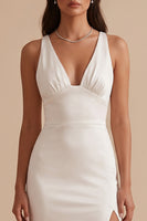 Load image into Gallery viewer, Simple White Satin V-Neck Ruched Sweep Train Wedding Dress with Slit