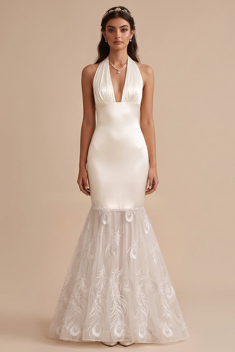 Load image into Gallery viewer, Mermaid White Halter Ruffled Satin Sweep Train Wedding Dress with Embroidery