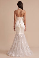 Load image into Gallery viewer, Mermaid White Halter Ruffled Satin Sweep Train Wedding Dress with Embroidery