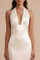 Load image into Gallery viewer, Mermaid White Halter Ruffled Satin Sweep Train Wedding Dress with Embroidery