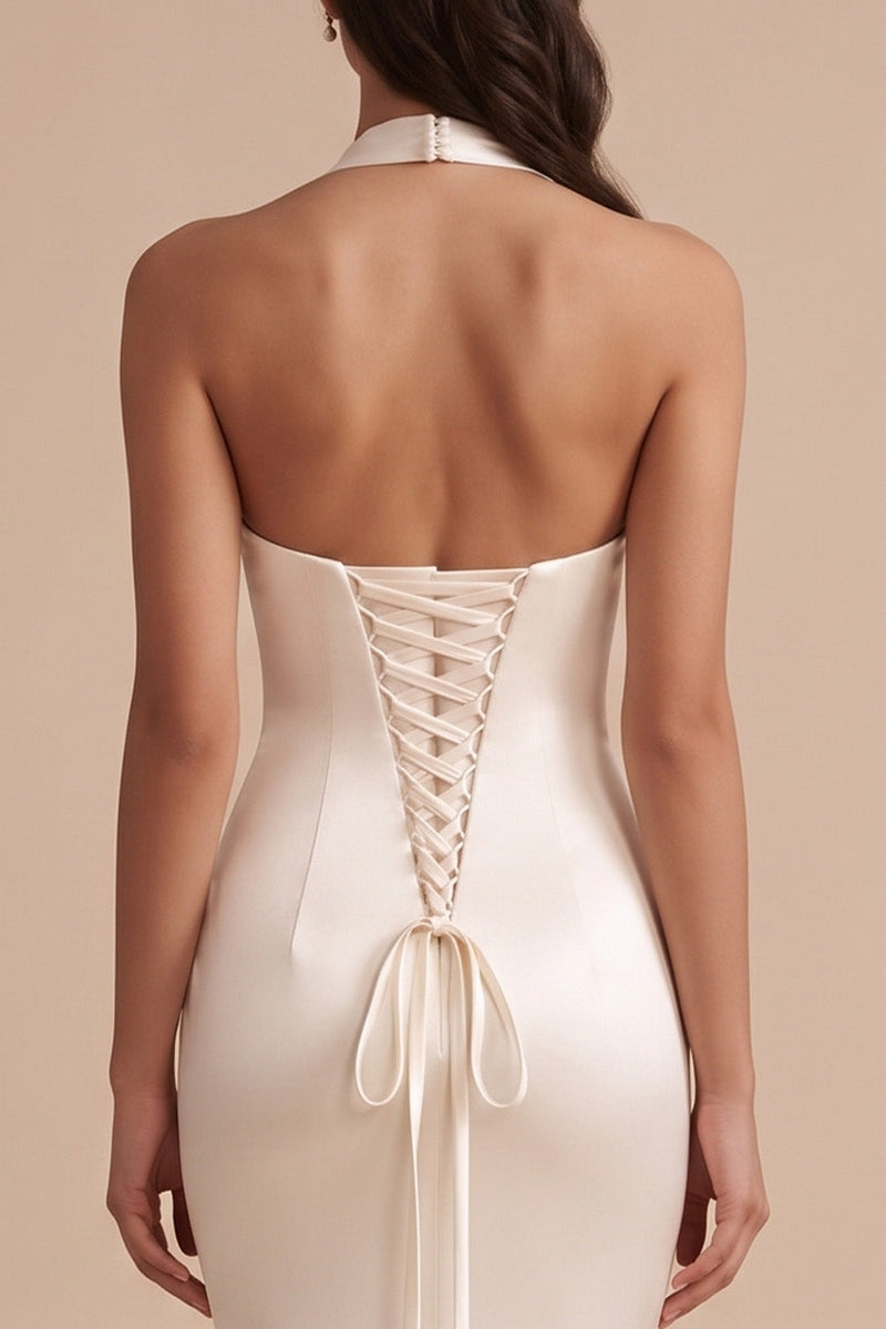 Load image into Gallery viewer, Mermaid White Halter Ruffled Satin Sweep Train Wedding Dress with Embroidery