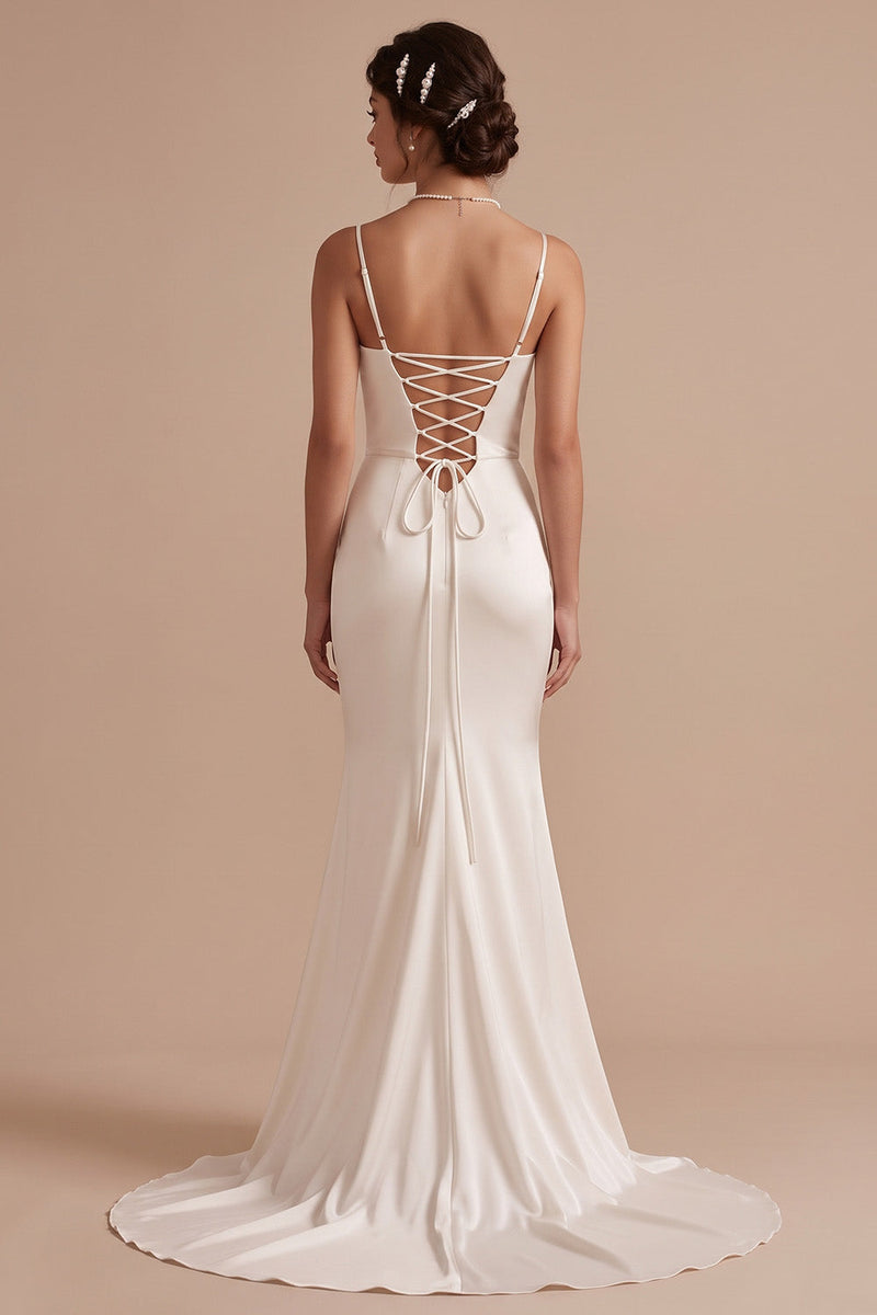 Load image into Gallery viewer, Simple White Satin Mermaid Cowl Neck Sweep Train Wedding Dress