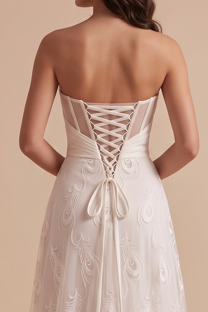 Load image into Gallery viewer, White Sweetheart Ruched Sweep Train Wedding Dress with Embroidery