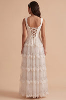 Load image into Gallery viewer, Sparkly White Floral Sequin Ruffled A-Line Ruched Square Neck Long Wedding Dress
