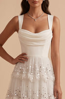 Load image into Gallery viewer, Sparkly White Floral Sequin Ruffled A-Line Ruched Square Neck Long Wedding Dress