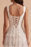 Load image into Gallery viewer, Sparkly White Floral Sequin Ruffled A-Line Ruched Square Neck Long Wedding Dress