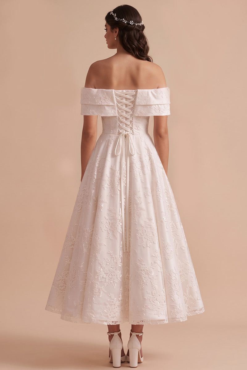 Load image into Gallery viewer, White Floral A-Line Off the Shoulder Long Wedding Dress